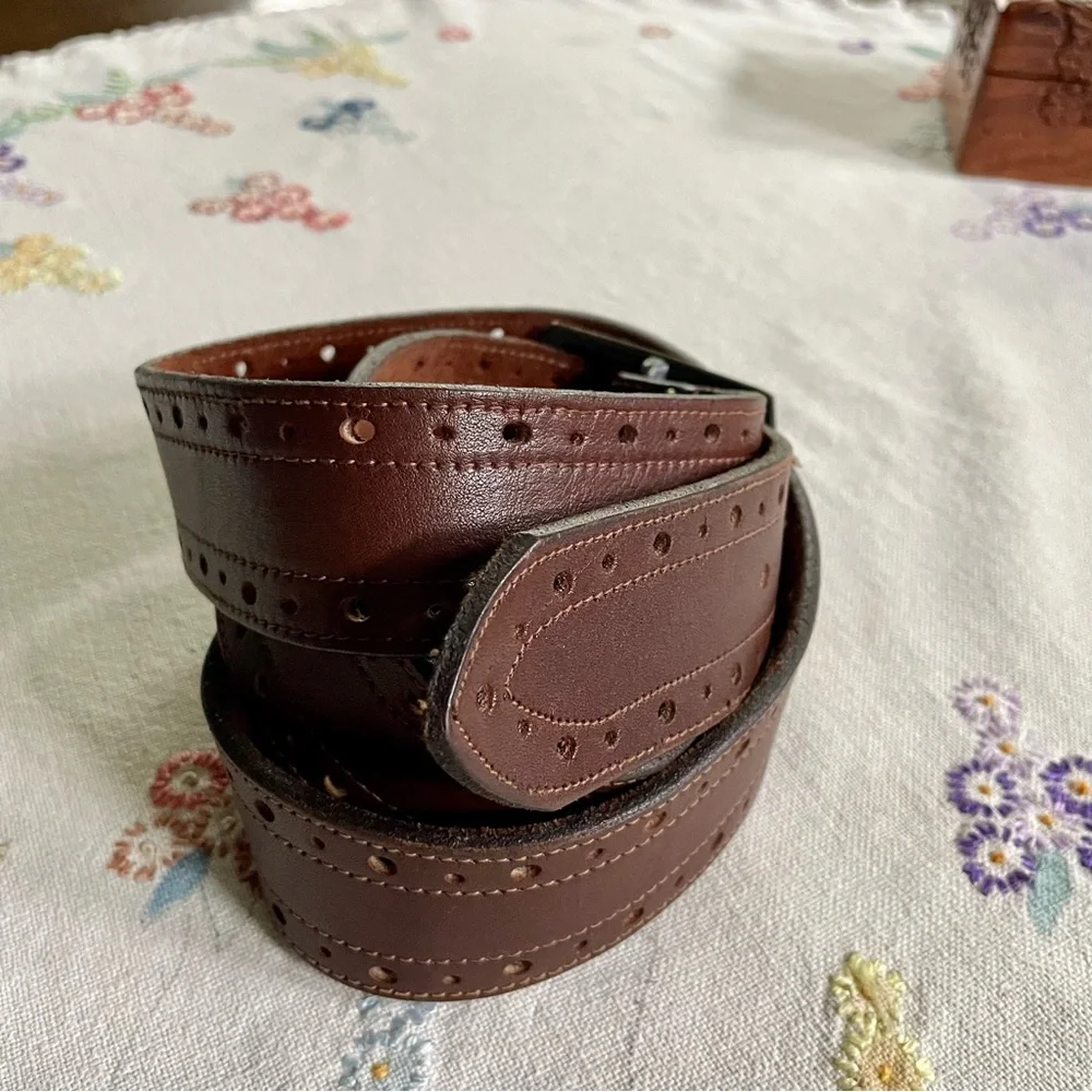 Vintage Leather Perforated Belt with Burnished Brass Buckle. Brown. Large 42-44